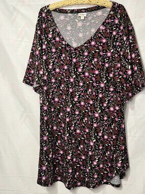 LuLaRoe Iris Black Burgundy Red Gold Floral Tunic Top V Neck 3XL